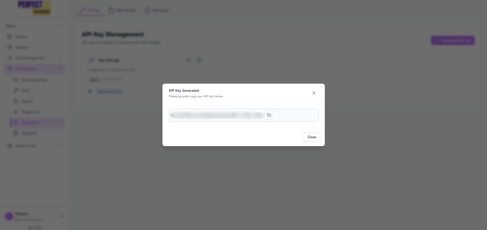 Jendela yang menampilkan API key baru dengan tombol Copy dan peringatan yang jelas