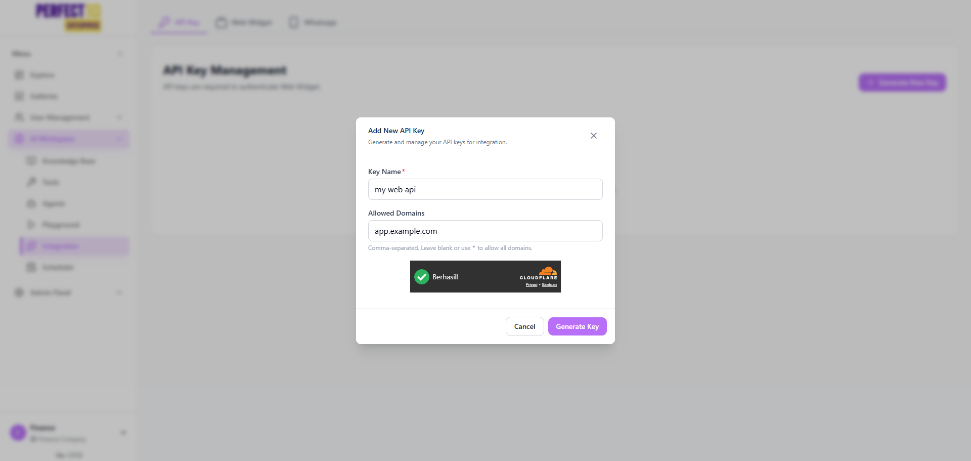 Jendela buat kunci dengan kolom Name dan kolom Domain Restrictions opsional