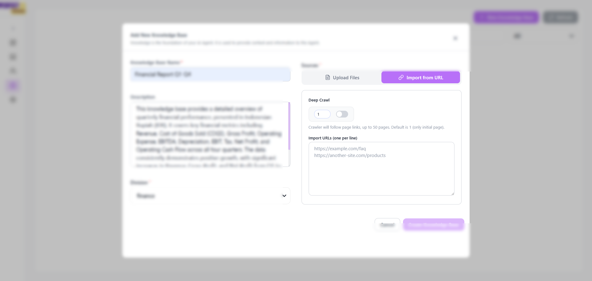 Tab impor URL dengan kolom input dan tombol Deep Crawl