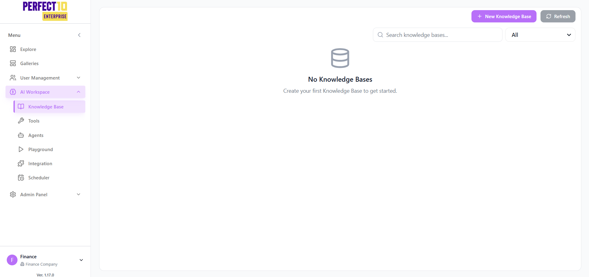 Halaman daftar Knowledge Base dengan tombol New Knowledge Base disorot