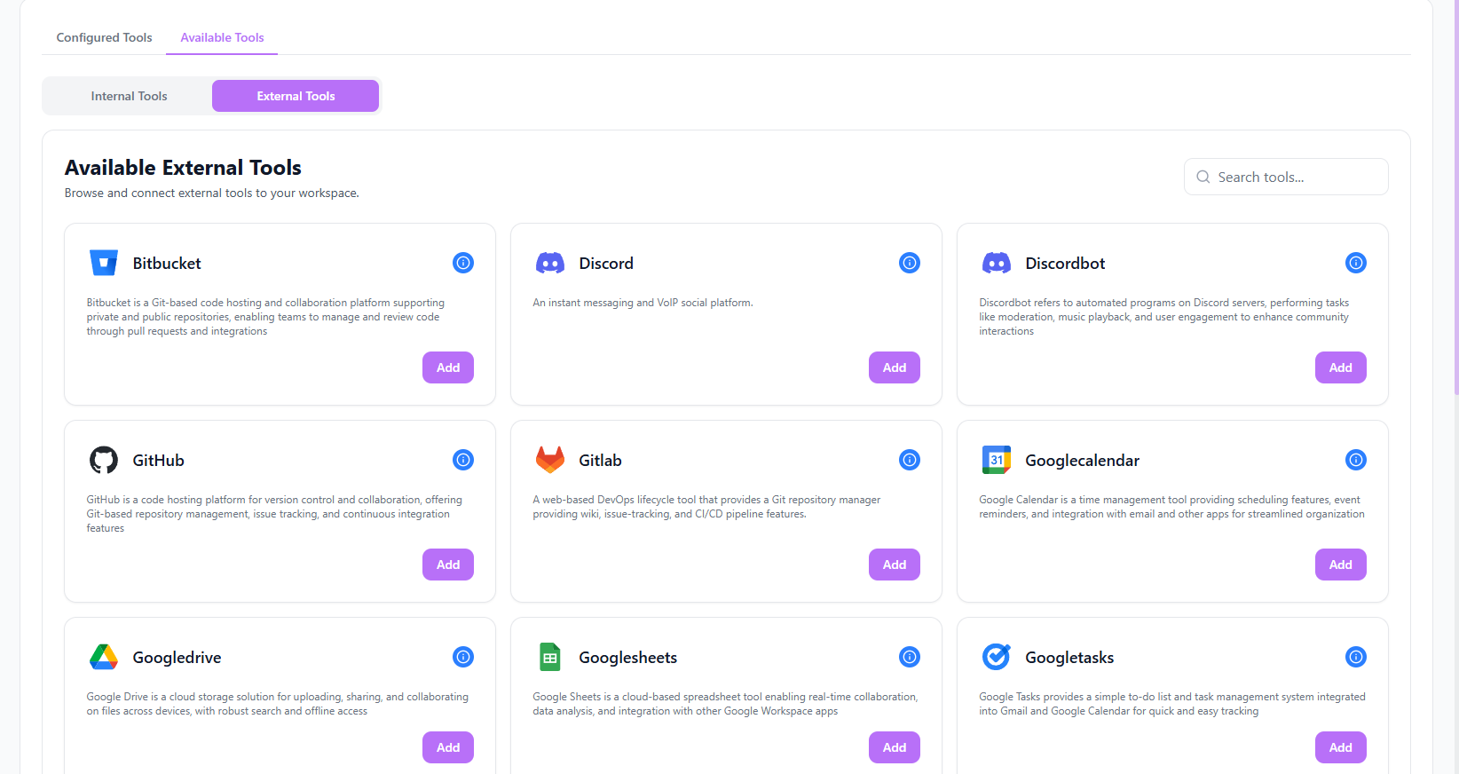 Katalog external tools dengan kolom pencarian dan kartu integrasi (Gmail, Notion, GitHub, dan lainnya)