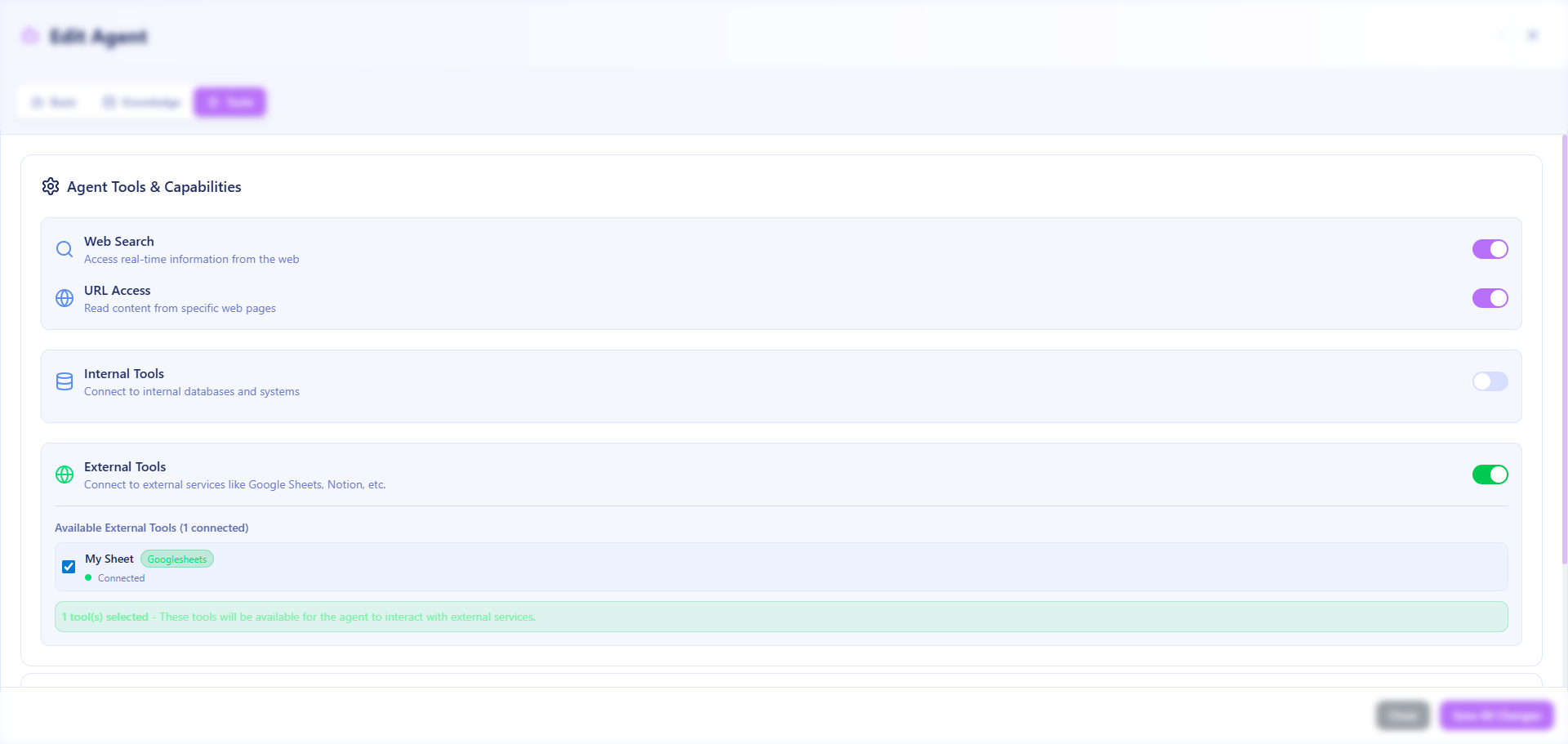Editor agen pada tab Tools dengan Internal Tools aktif dan satu alat basis data tercentang