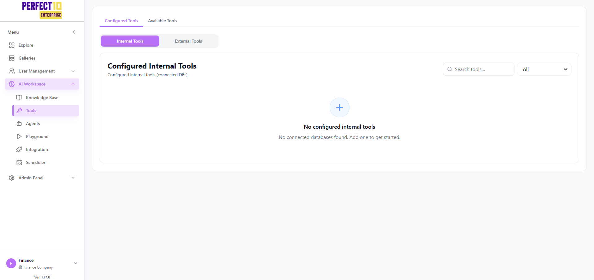 Halaman Tools dengan tab Configured Tools dan Available Tools, serta sub-tab Internal/External