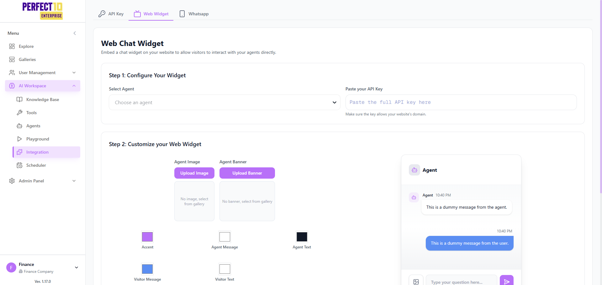 Halaman Web Widget dengan pilihan agen dan kolom input API key