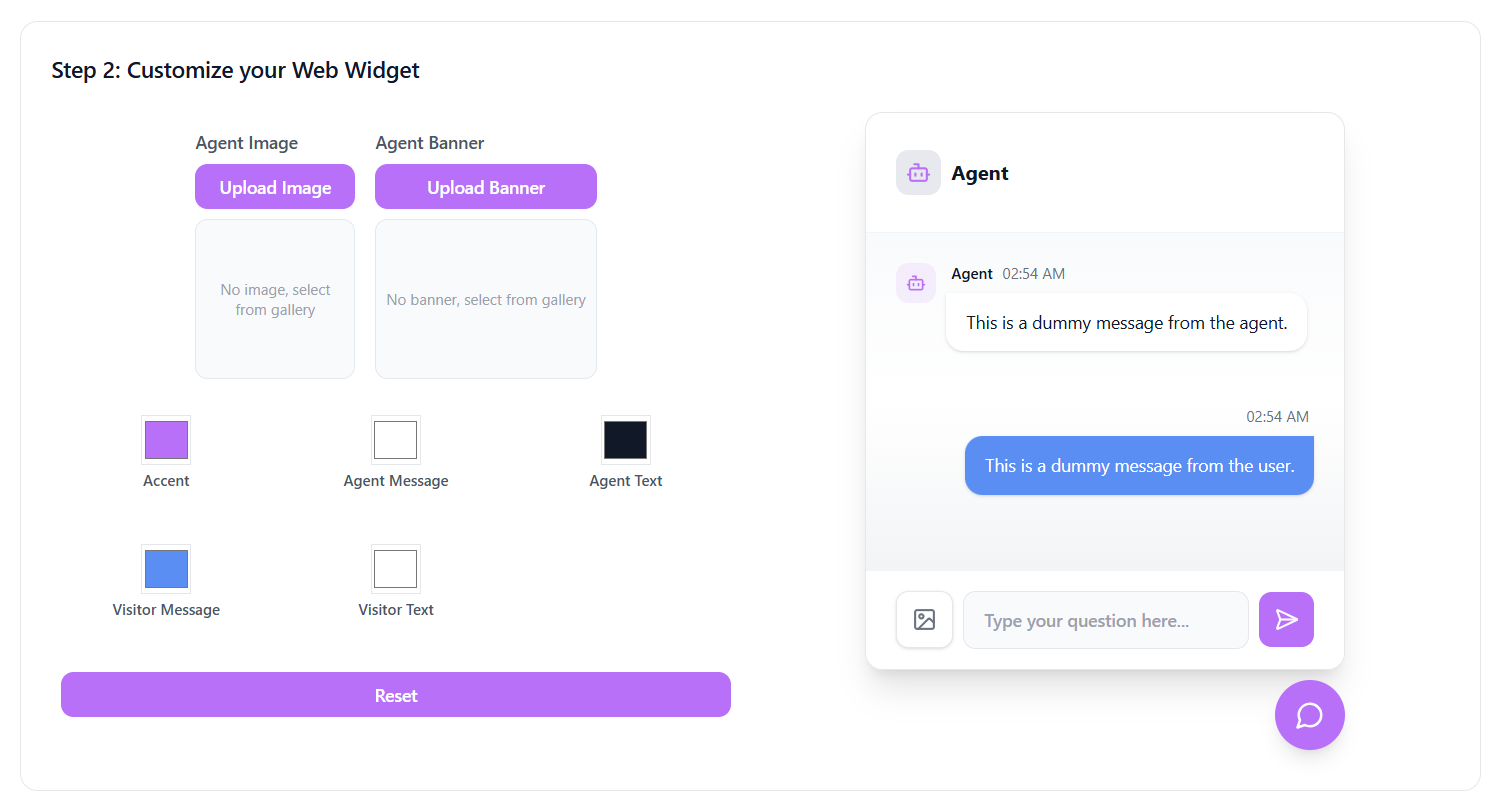 Panel kustomisasi di kiri dengan pemilih warna dan pratinjau widget langsung di kanan