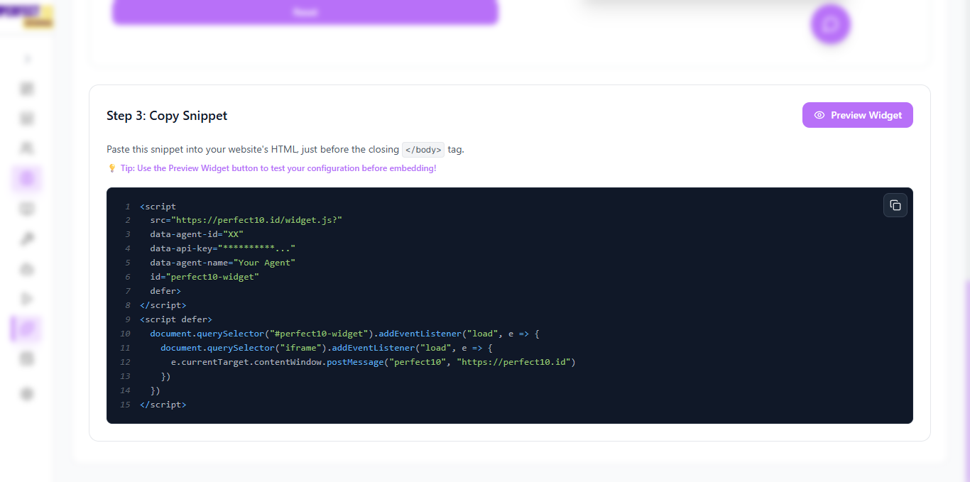 Bagian pemasangan yang menampilkan tag script hasil buatan dengan tombol Copy Snippet